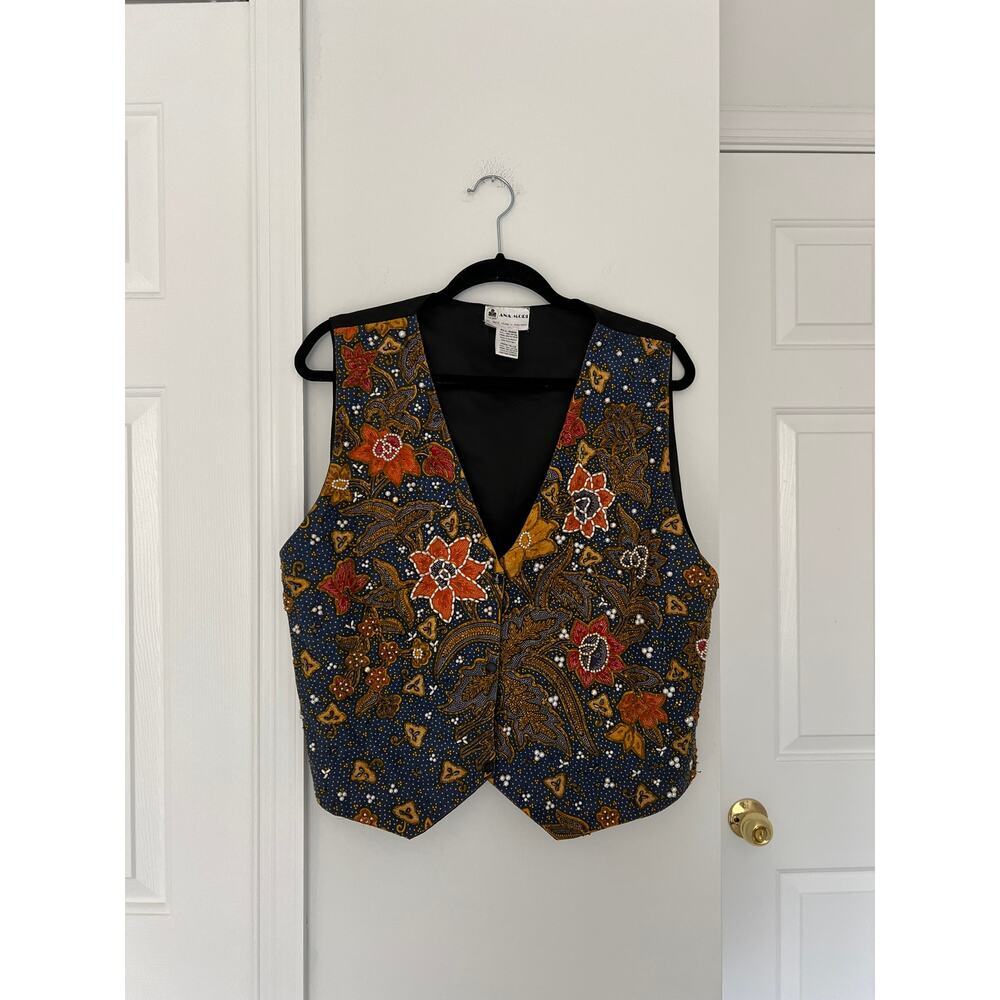 NWOT Ana Mori Beaded Blue and Yellow Orange Floral Vintage Vest